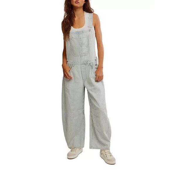 Free People We The Free Good Luck Railroad Striped Barrel Overalls Small S NWT - Picture 6 of 12